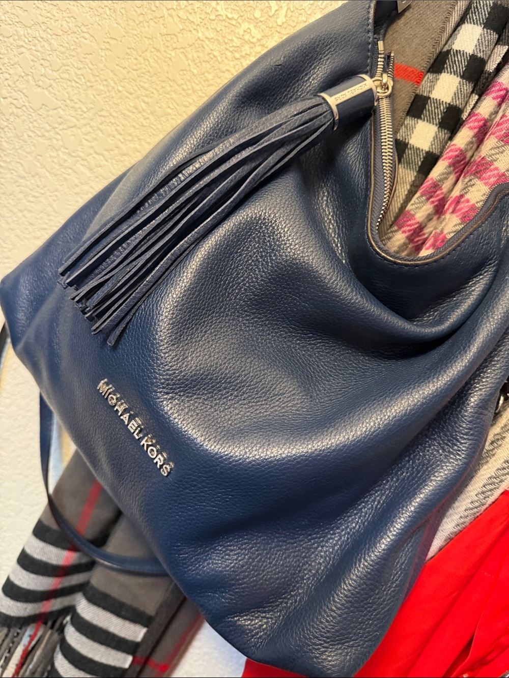 Michael Kors Navy Leather Tassel Shoulder Hobo